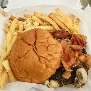Bacon Mushroom Cheeseburger with bleu cheese instead of cheddar and garlic fries