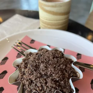 GF cacao nib coffee cake (delicious) and oat milk hot chocolate