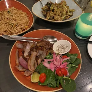 Beef Tenderloin, Noodles and cauliflower, clockwise from center.  Excellent