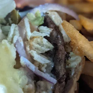 a closeup of a hamburger and french fries