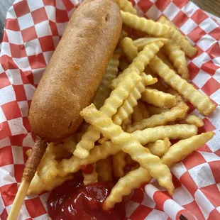 Corn dog and fresh crisp fries