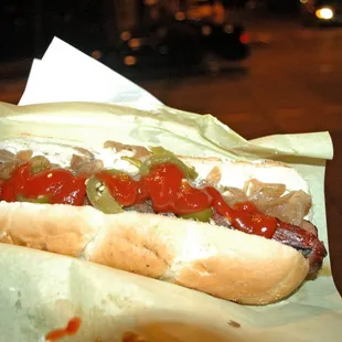 The beef Polish dog w/ grilled onions, ketchup, jalapenos and get this... cream cheese!  It was delicious!