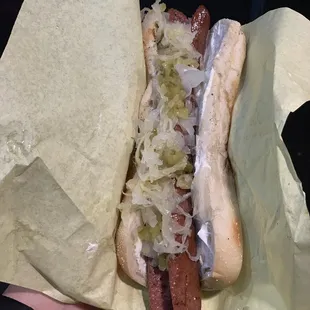 Seattle Dog with only cream cheese, onions, relish, and sauerkraut ($6).