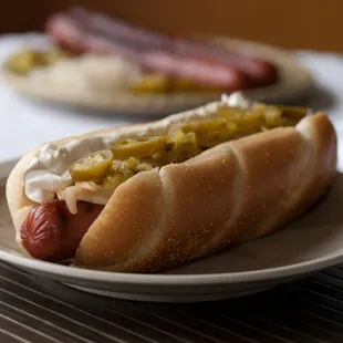 two hot dogs on a plate