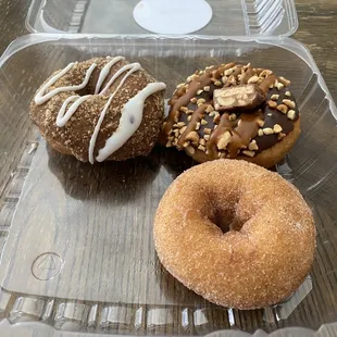 Top left: cinnamon toast crunch Top right: snickers Bottom right: churro