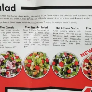 a menu for a salad