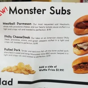 a menu for monster subs