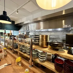 a restaurant kitchen with a large counter