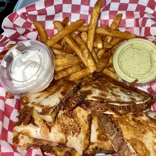 Brisket Quesadilla plate w sour cream n avocado sauce