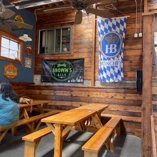 Inside the covered area with picnic benches