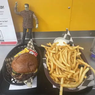 The OG meat version and crispy fries in a generous portion.