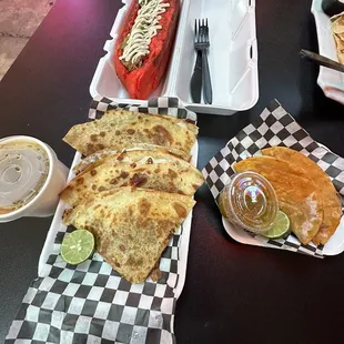 Cheezy Birria Taco, Monster Dog, Birria Quesadilla, Dipping Juice