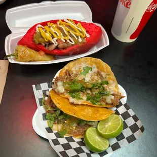 Cheesy birria tacos/Sonoran dog... bomb.com