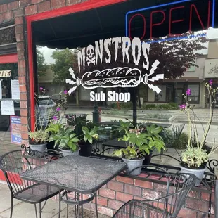 a table and chairs outside