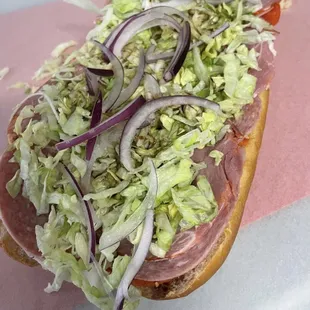 a sub sandwich with lettuce and onions