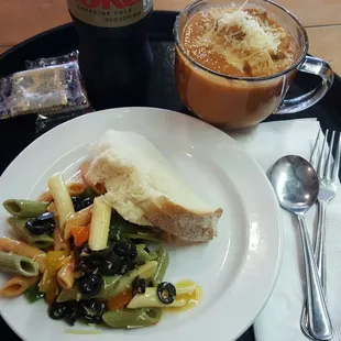 Tomato basil soup and pasta salad.