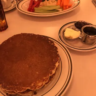 Delicious Blueberry Pancakes with a side of chocolate chips. Healthy options, too.