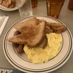 Two eggs scrambled and sausage