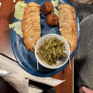 Shrimp  , green beans and hush puppies