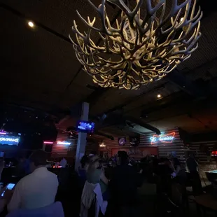 a large antler hanging from the ceiling