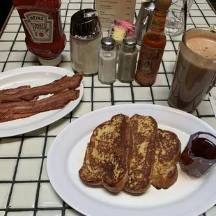 French toast, bacon, and Cafe Mocha