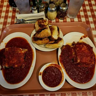 2 orders of the Eggplant Parmesan with extra meat sauce on the side