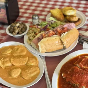 Lobster ravioli with pink sauce  Monte Carlo Combination with Italian salad and macaroni salad  Veggie lasagna