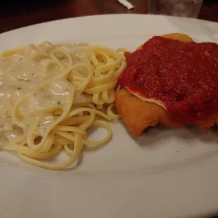Chicken parmesan and linguine with clam sauce