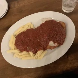Chicken Parmigiana meal with Penne
