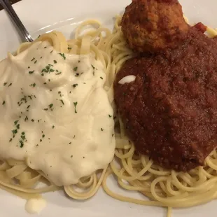 Create-your-own Duo with Fettuccine Alfredo and Spaghetti and Meat Sauce, and a Meatball.