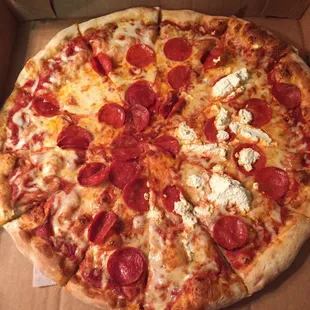 Large pepperoni with ricotta on half
