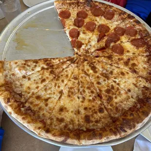 a pepperoni pizza on a pan