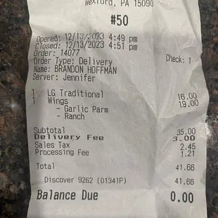 the receipt for the restaurant