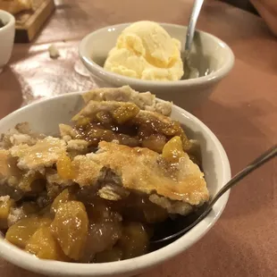 Peach cobbler and ice cream.