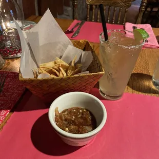 Taco Tuesday - chips salsa and a huge Cadillac Margarita
