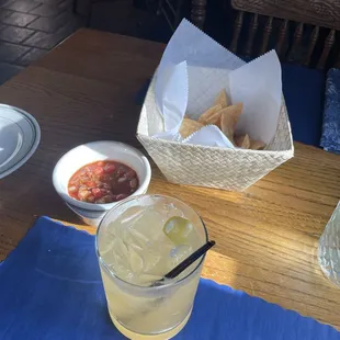 Chips Salsa and seasonal cocktail: The Gold Rush. Bourbon, Lemon Juice (fresh), honey thyme syrup