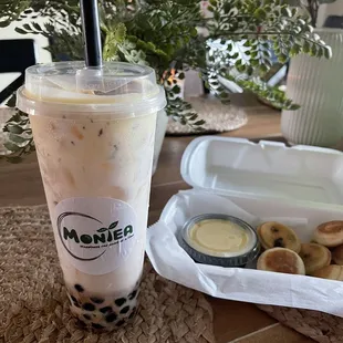 Horchata with boba (with crème brûlée cracked sugar topping ) and mochi hotcakes