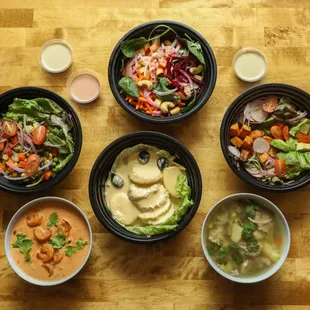 a variety of bowls of food