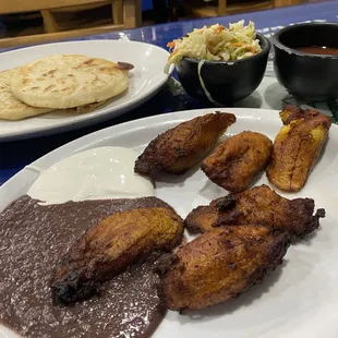 Pupusas and Platano Frito with frijoles y crema.