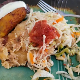 Mixed pupusa platano beans and sour cream