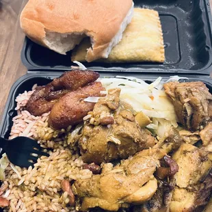 I took a bite of the cocoa bread, lol. But here you have a small curry chicken platter, beef patty and cocoa bread.