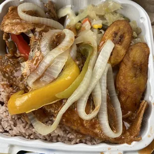 Red snapper, red beans and rice, cabbage and plantains  DELICIOUS