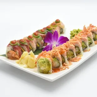 a platter of sushi rolls