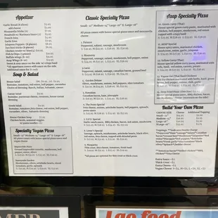 Pizzas and appetizers menu