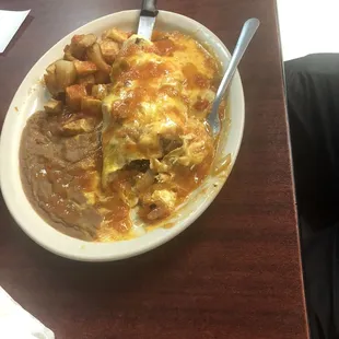 Bacon omelet with beans and potatoes