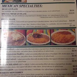 a menu for mexican specialties