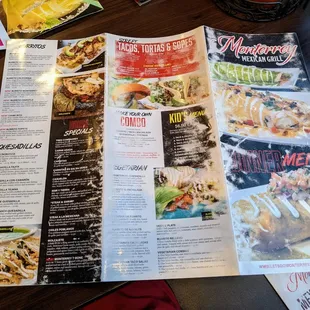 Main menu, 2 of 2. Burritos, quesadillas, street tacos, tortas &amp; sopes, combos, kids menu, and vegetarian. This menu was already well-worn.