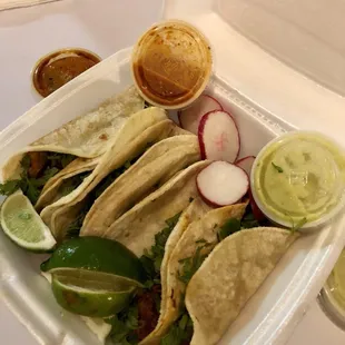 Tacos w red &amp; green hot sauce