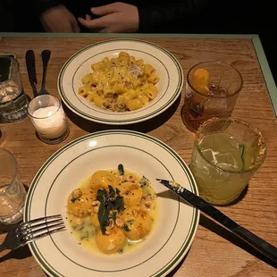 Mezzemaniche Carbonara and squash dumplings