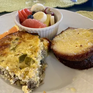 Sausage &amp; mushroom frittata, lemon cake, &amp; fresh fruit